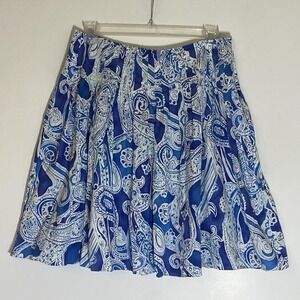 Lauren Ralph Lauren Skirt Womens 12 Blue Paisley Pleated Knee Length Cotton